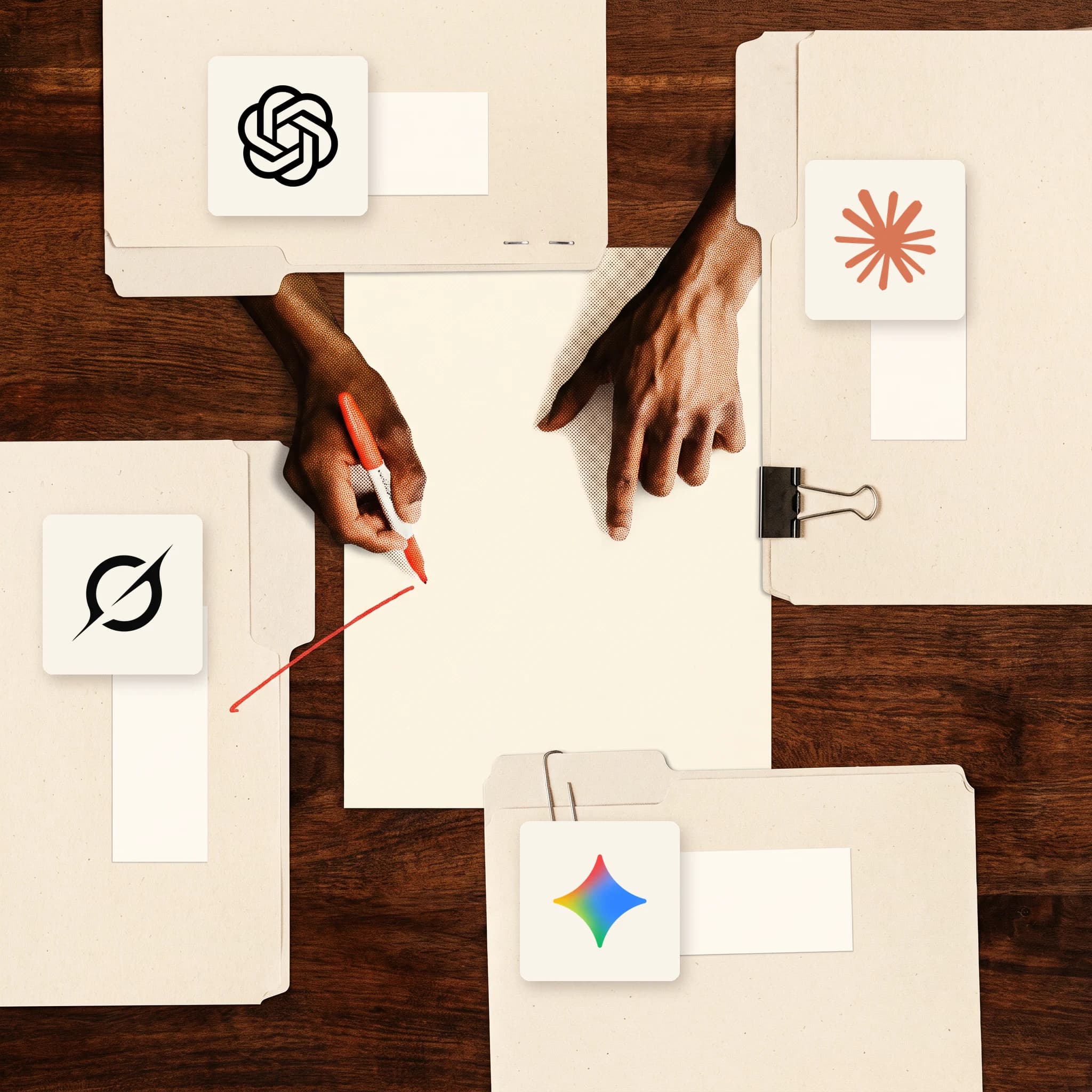 Hands review a central document surrounded by ChatGPT, Claude, Gemini, and Grok logos on four contract folders.