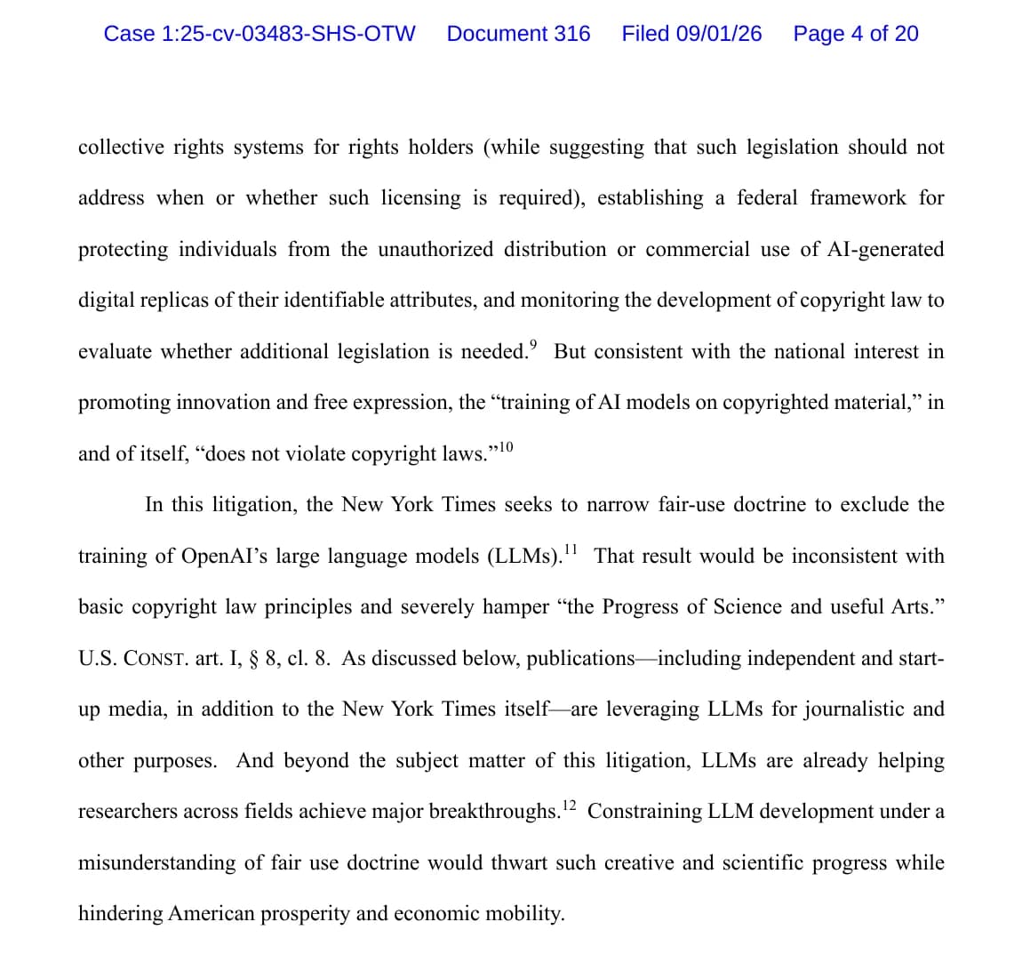 Screenshot excerpt of a September 1, 2026 Department of Justice court filing arguing that training AI models on copyrighted material does not itself violate copyright law.
