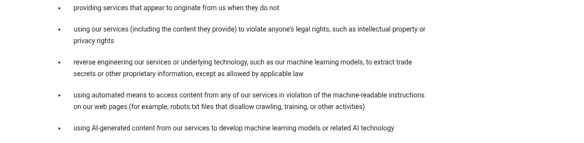 Live screenshot excerpt of Google’s Terms of Service showing the rule against using AI-generated content to develop machine-learning models or related AI technology.