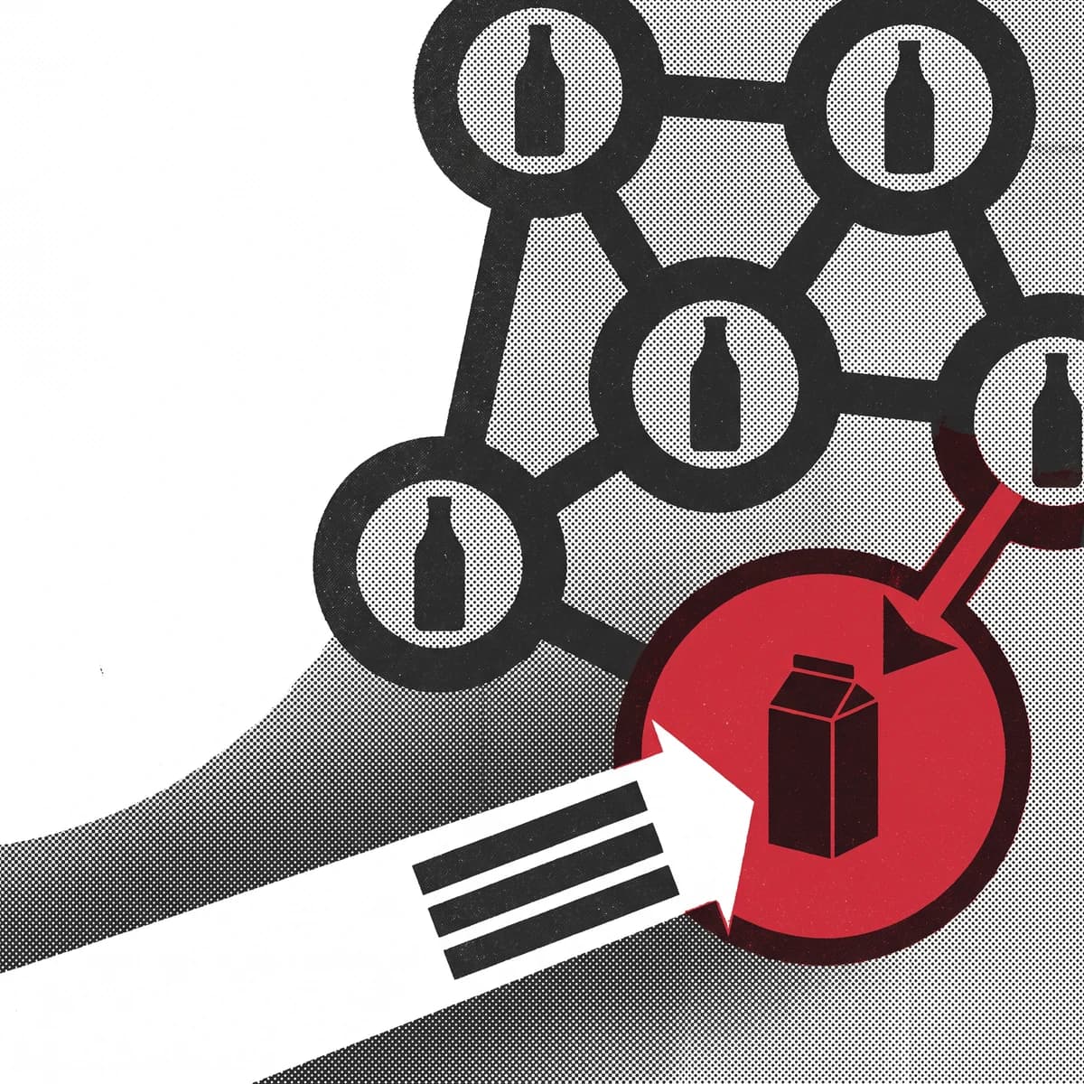 A charcoal network repeats familiar bottle silhouettes while a white evidence beam carries an unfamiliar carton into a red recommendation output.