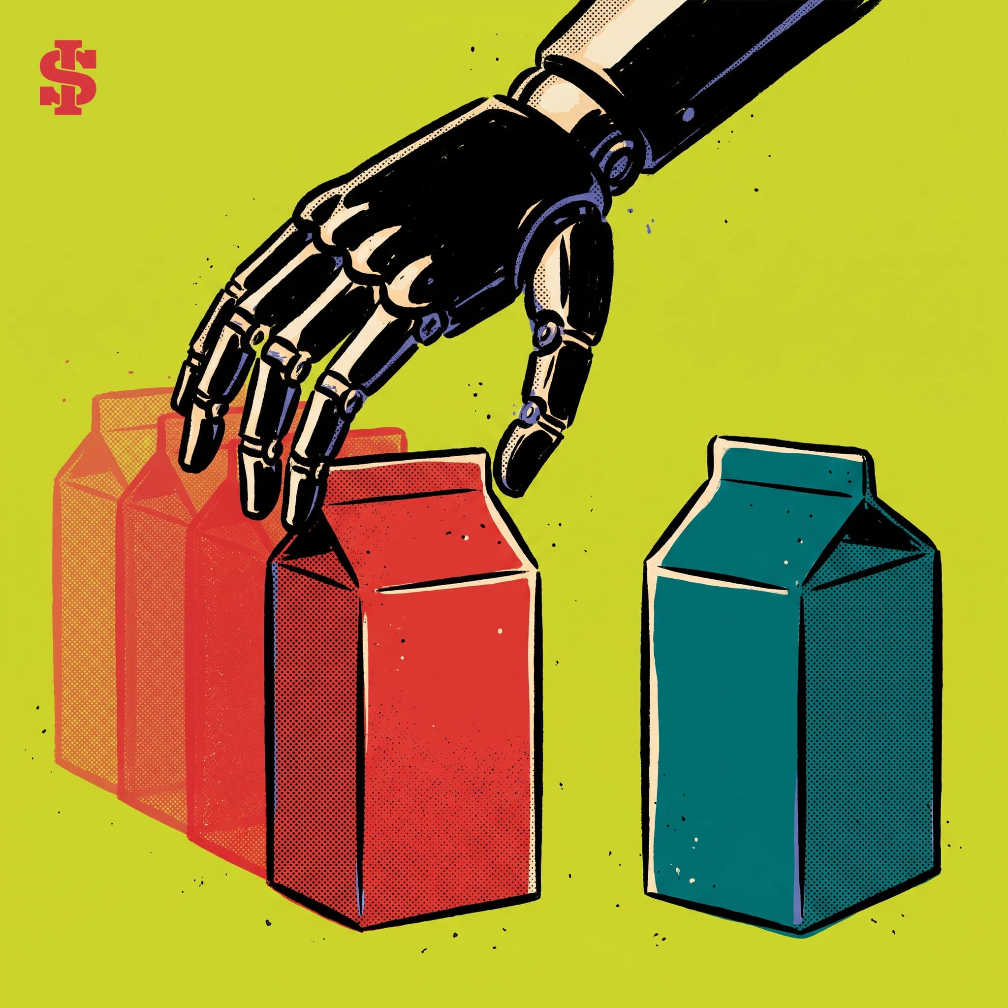A mechanical hand reaches first for a red carton backed by repeated impressions while an equally presented teal carton remains beside it.