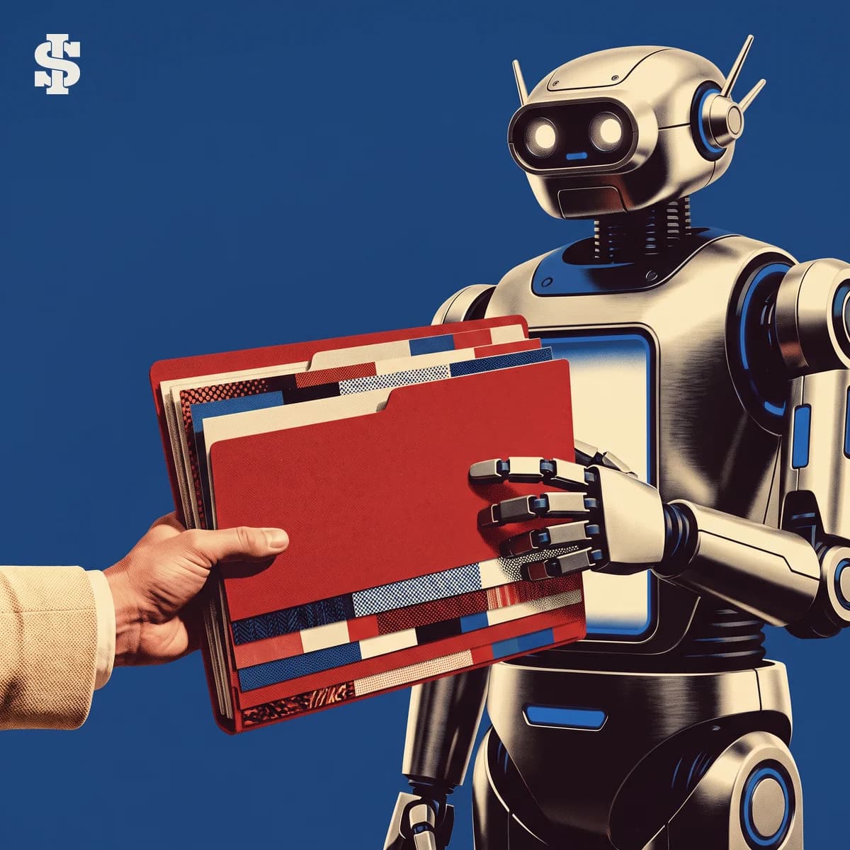 A human hand passes a red tabbed brand reference folio to a retro robotic marketing agent.