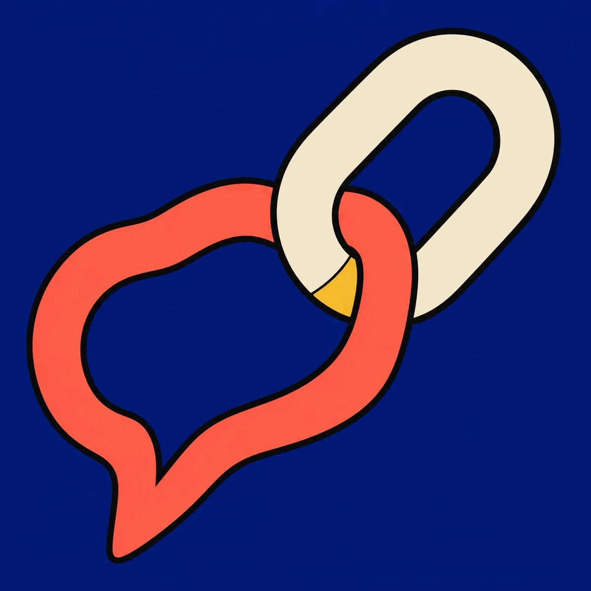 Neo-pop editorial illustration of a coral speech bubble interlocking with a cream chain link against a cobalt background.