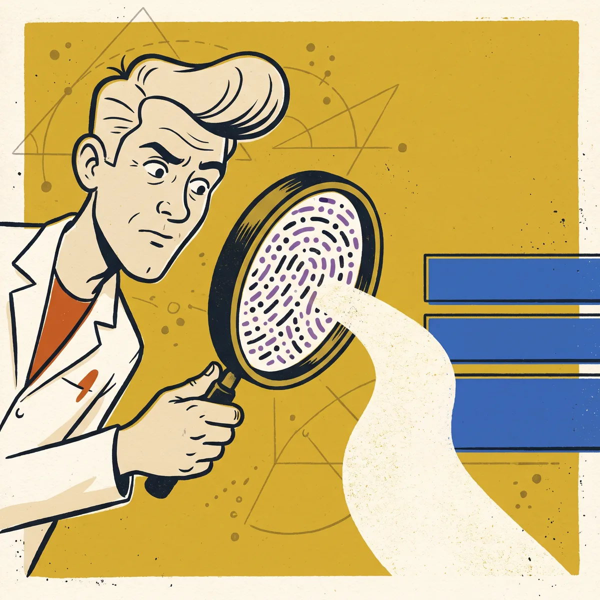 Mid-century illustration of a search scientist examining a hidden AI text pattern before a stack of organic search results.