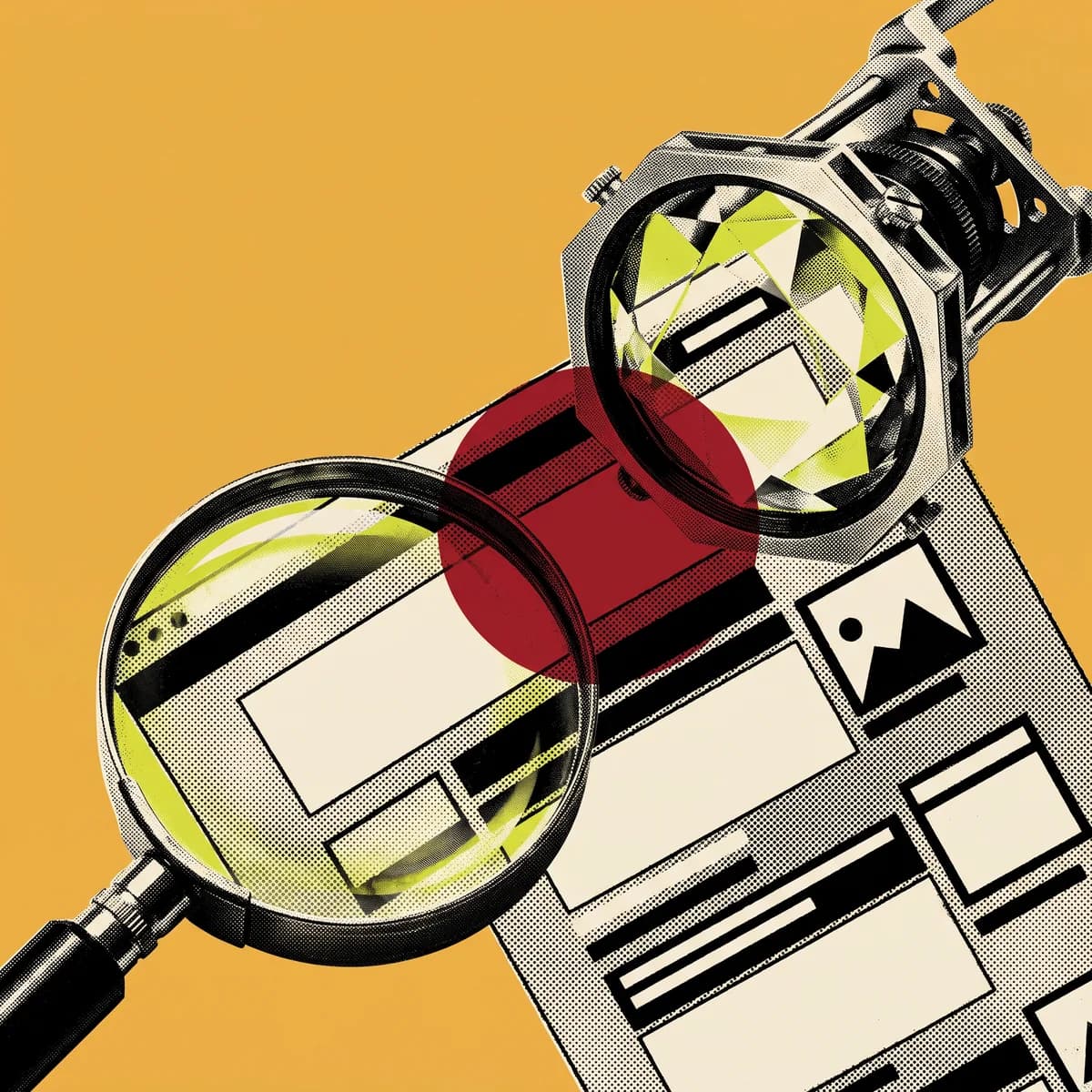 Neo-retro halftone editorial illustration comparing a ranked search-results list on the left with a synthesized cited answer on the right, connected by shared red infrastructure.