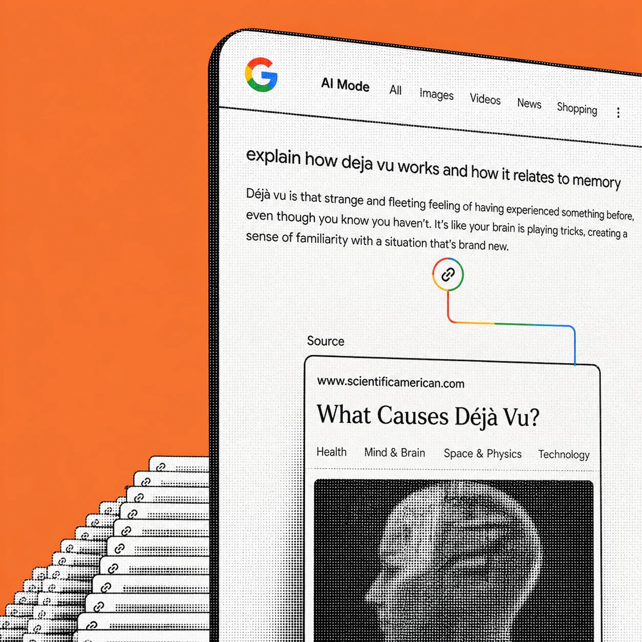 Halftone editorial illustration of a Google AI Mode answer connected to one cited source while many other source cards recede behind it.