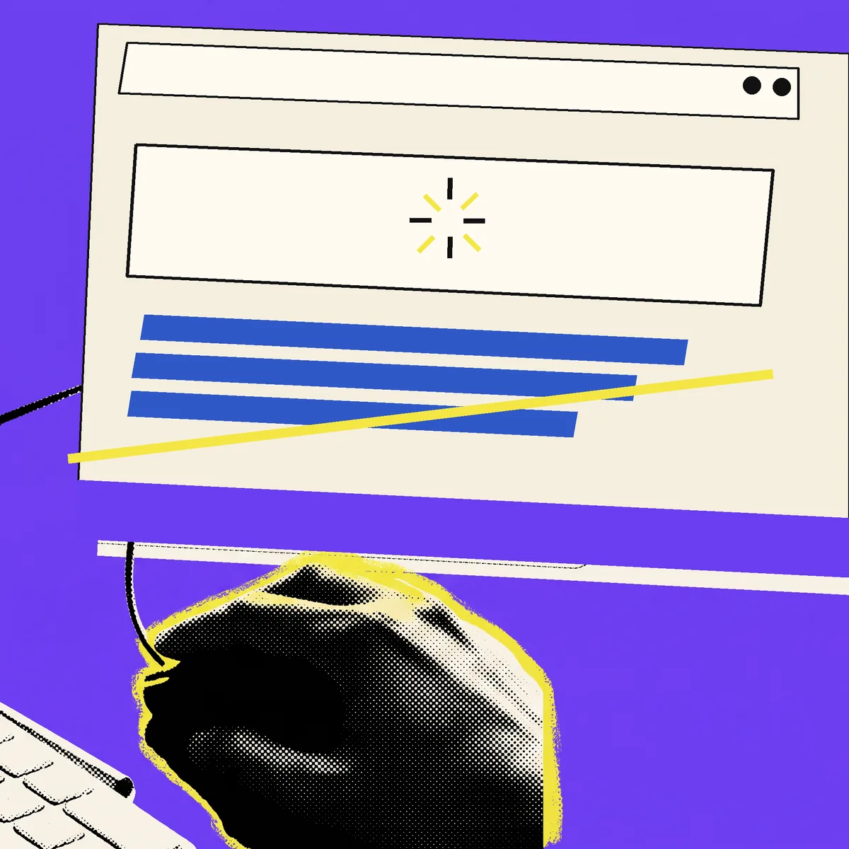 Neo-retro halftone collage of a real hand on a mouse beneath a wordless AI search panel that pushes organic results down.