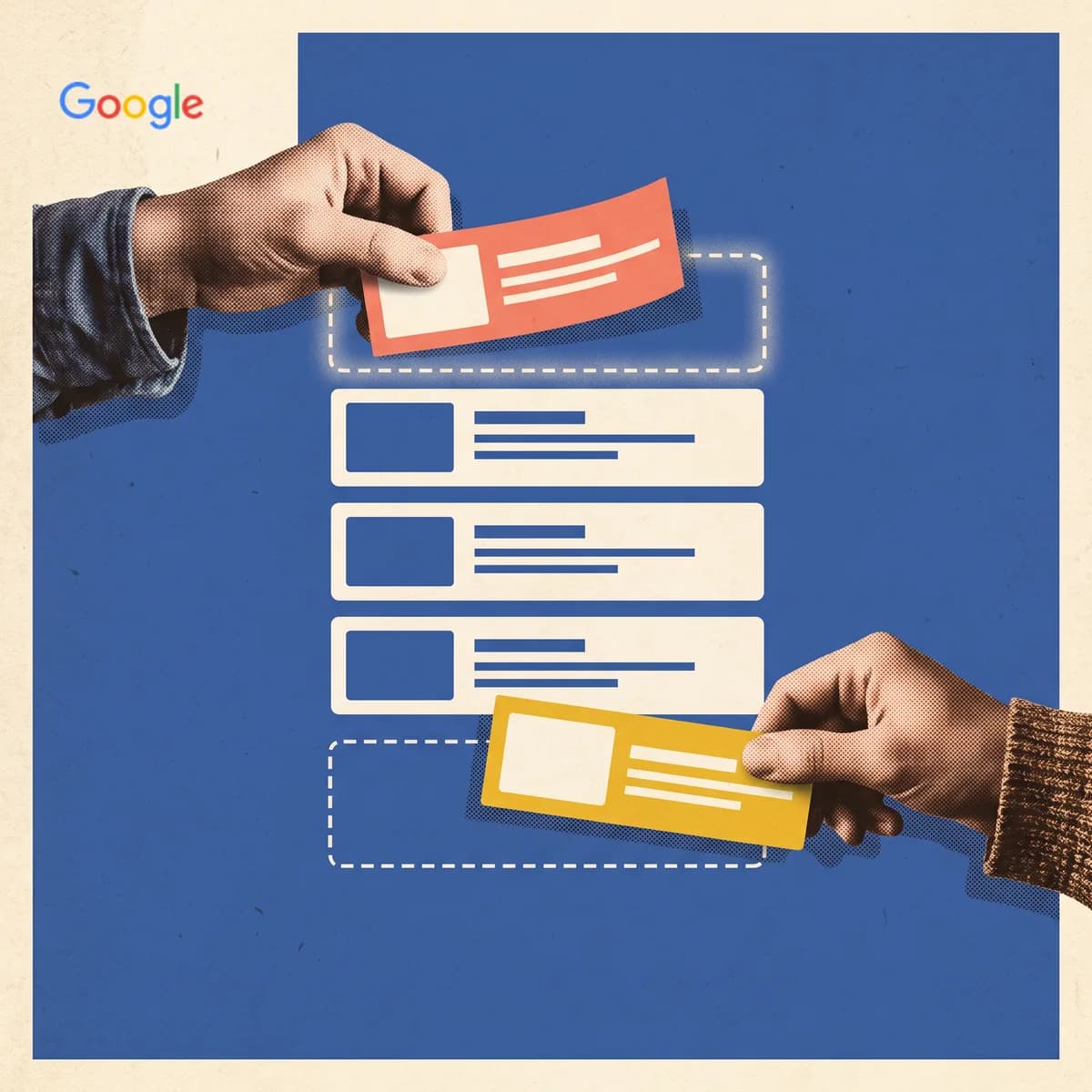 Hands move Google search-result cards into higher and lower ranking positions on a halftone printed page.