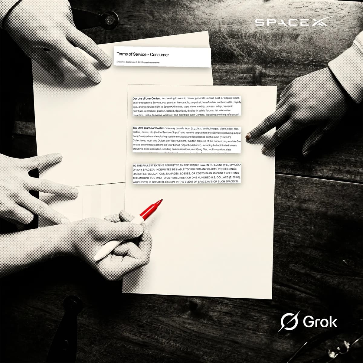 People review SpaceXAI consumer terms at a desk, with highlighted excerpts about user-content rights, agentic actions, and the $100 liability threshold.