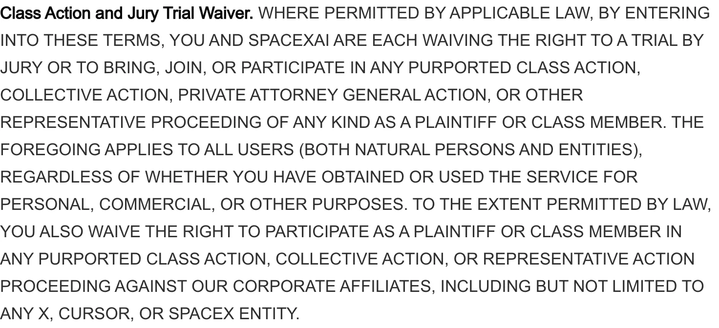 Screenshot excerpt of the SpaceXAI Consumer Terms extending the class-action waiver to corporate affiliates including X, Cursor, and SpaceX entities.