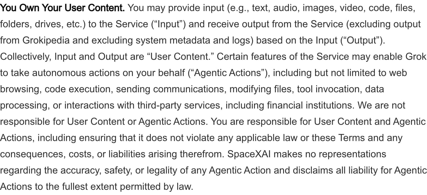 Screenshot excerpt of the SpaceXAI Consumer Terms listing autonomous actions and assigning their consequences, costs, and liabilities to the consumer.