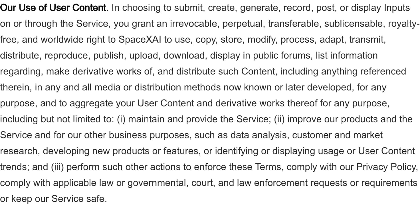 Screenshot excerpt of the SpaceXAI Consumer Terms clause granting broad rights to use User Content.