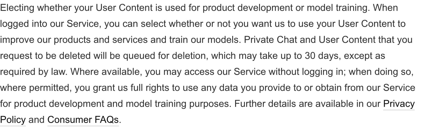 Screenshot excerpt of the SpaceXAI Consumer Terms describing product-development and model-training rights during logged-out use.