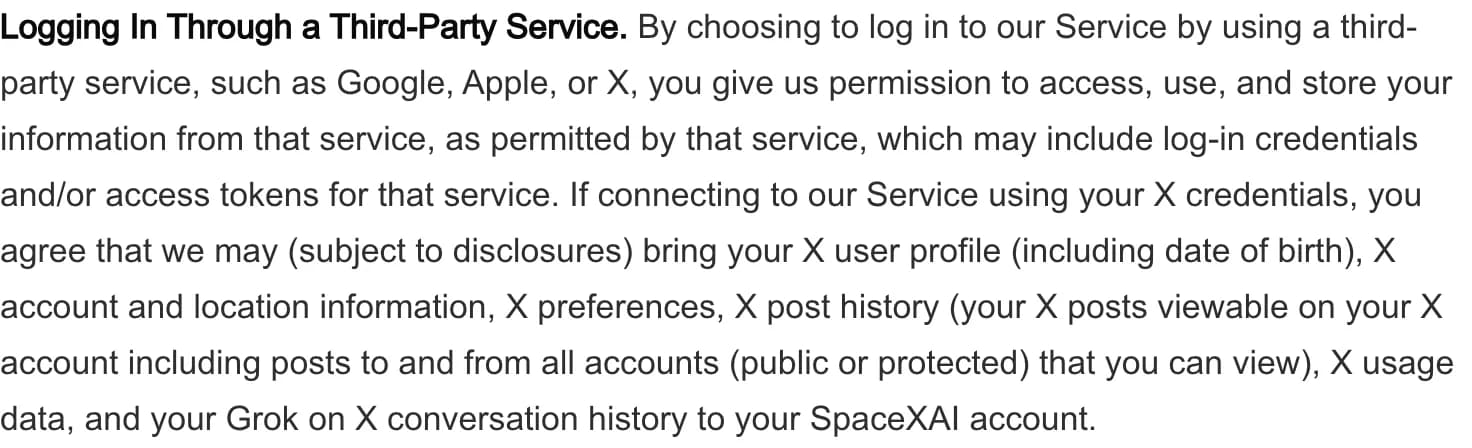 Screenshot excerpt of the SpaceXAI Consumer Terms describing information that may be transferred when a consumer logs in through X.
