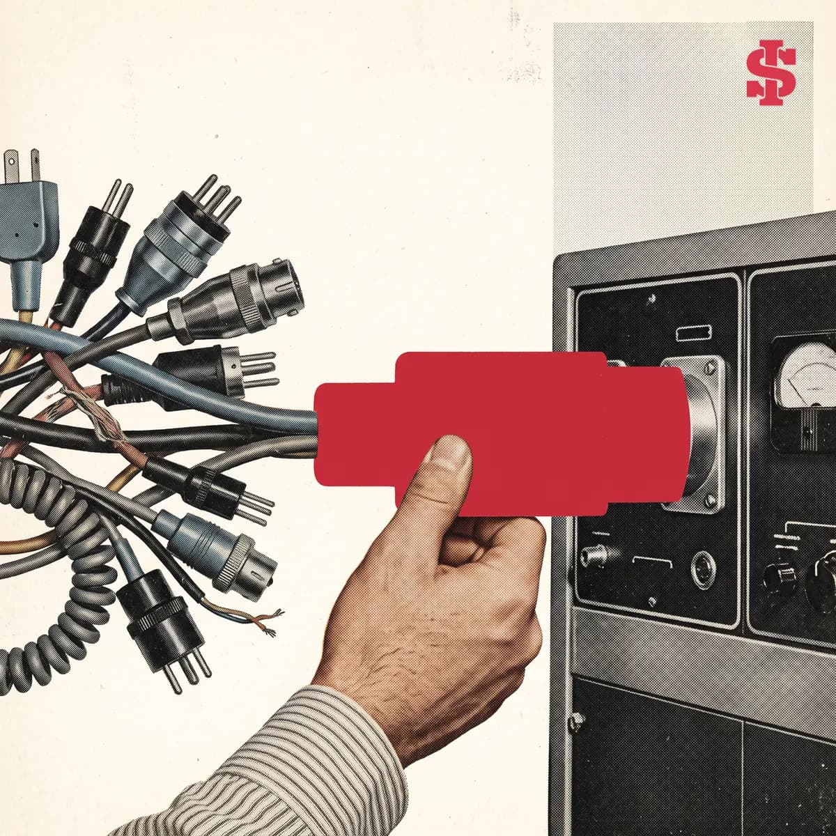 A hand replaces a bundle of mismatched legacy connectors with one red shared connector while the receiving system remains intact.