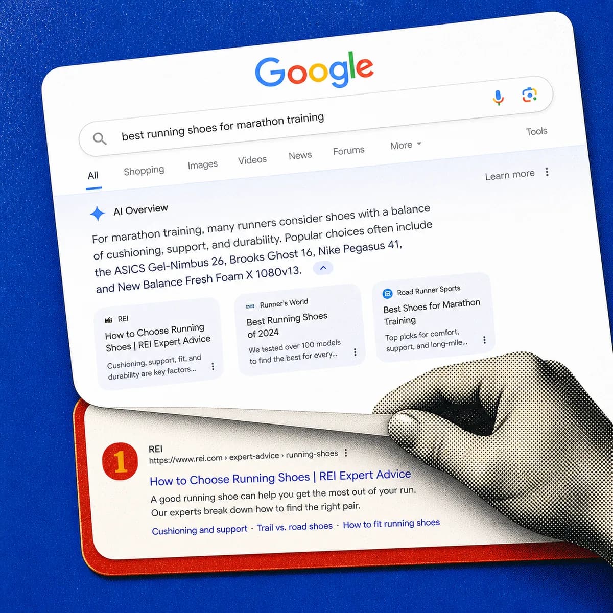 A hand lifts a Google AI Overview in a recognizable search-results interface to expose the number-one organic result below.