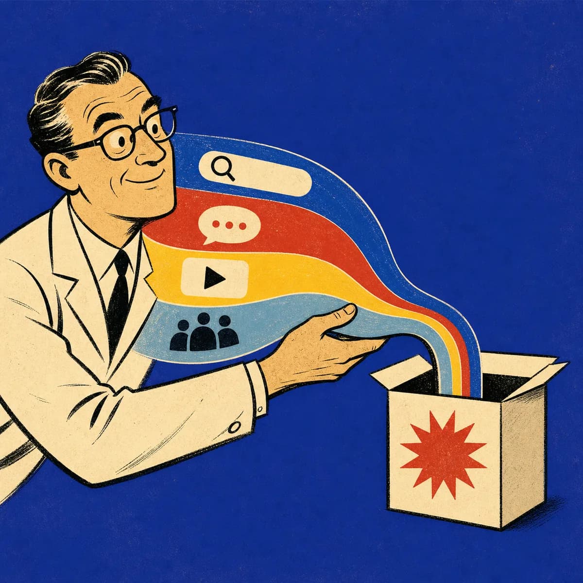 A retro scientific analyst gathers four colored discovery streams from search, AI chat, video, and community sources into one evidence package.