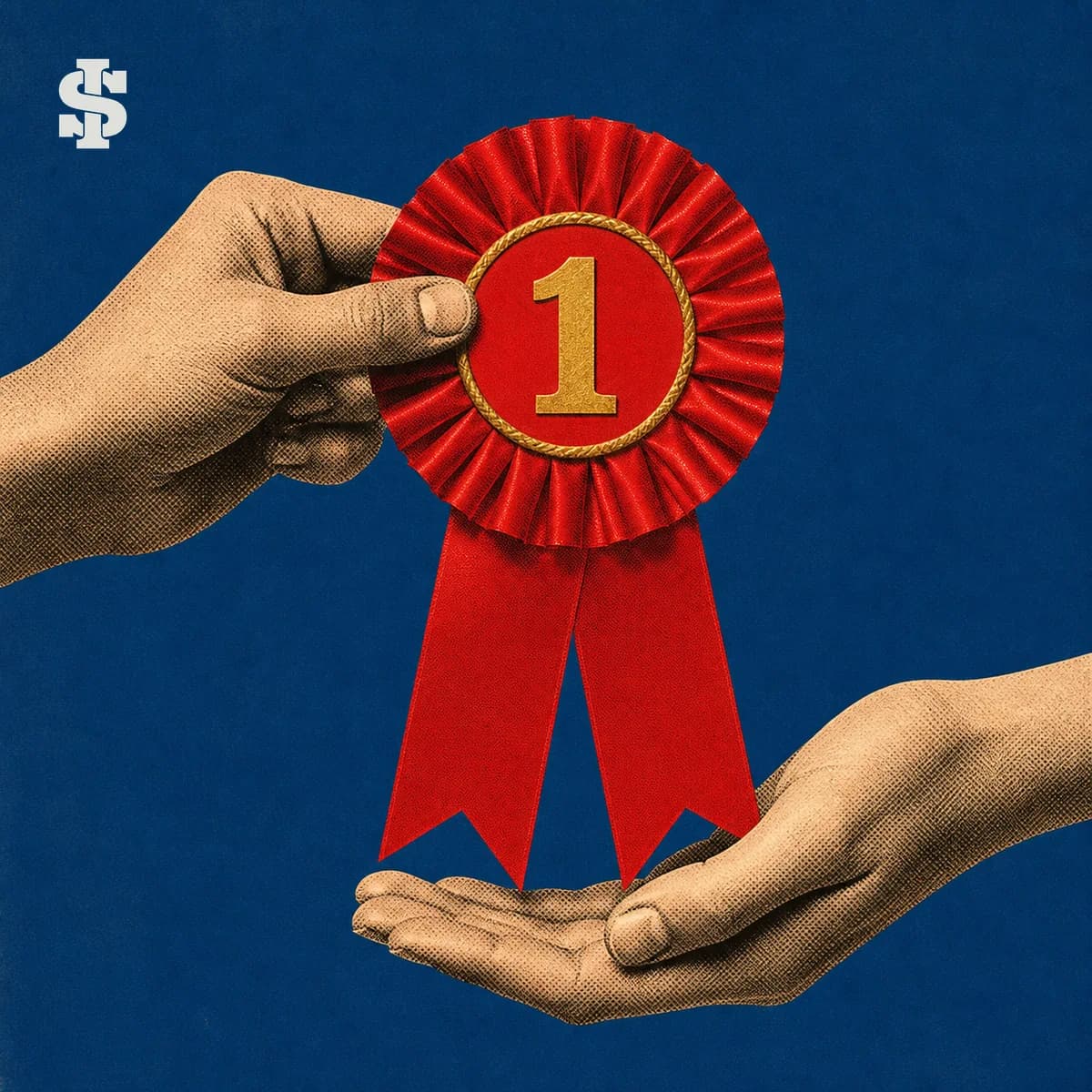 Two disembodied hands present a red first-place award ribbon against a cobalt-blue background.