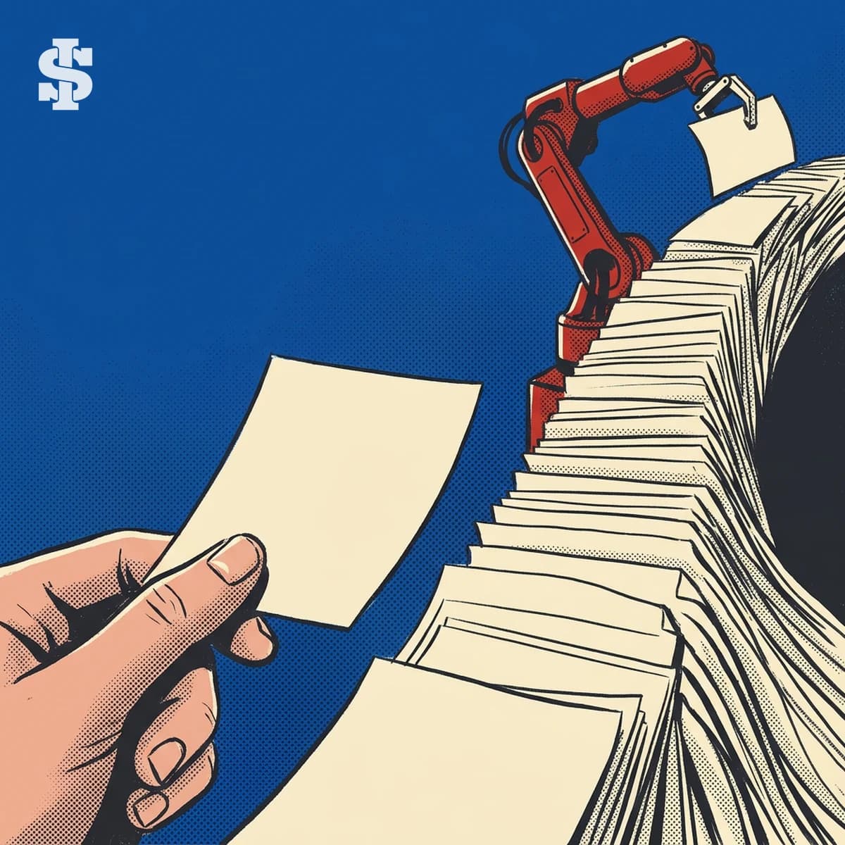 Neo-retro screenprint illustration of a human hand selecting one distinctive blue card from abundant red cards produced by a robot.